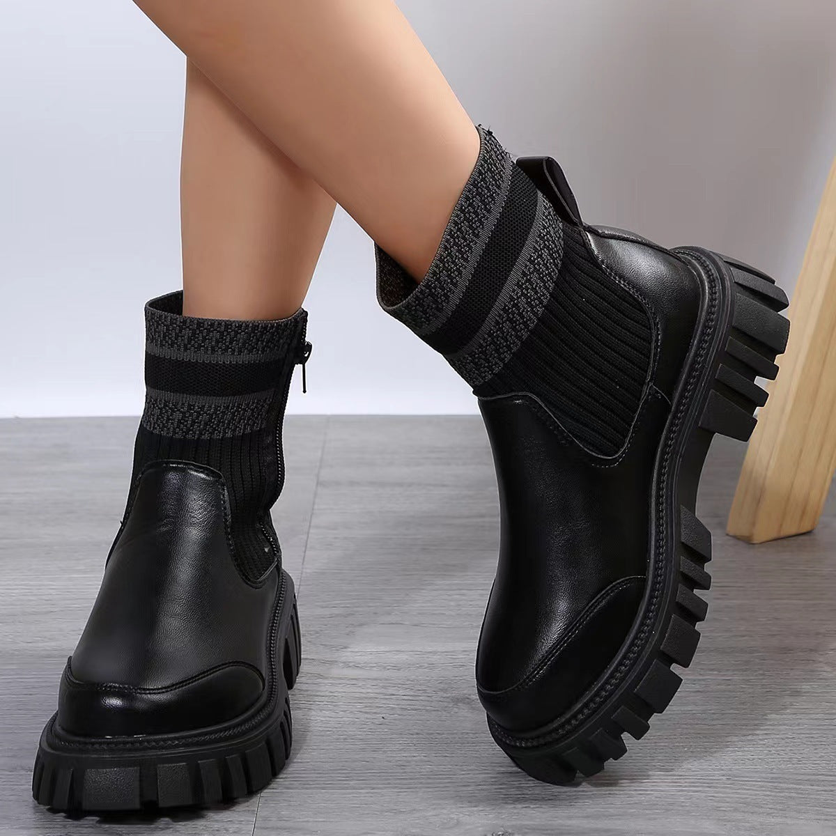 Fashion Mid - tube Boots With Zipper Design Non - slip Thick Sole Elastic Knitted Patchwork Boots For Women Round Toe Shoes Winter - tout pour vous, Madame!