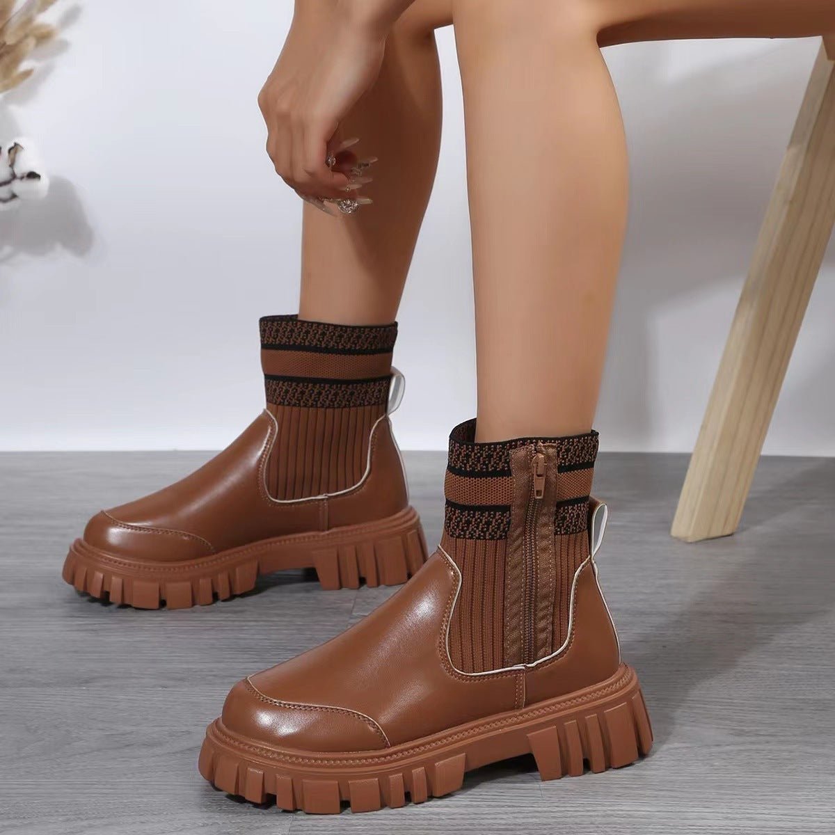 Fashion Mid - tube Boots With Zipper Design Non - slip Thick Sole Elastic Knitted Patchwork Boots For Women Round Toe Shoes Winter - tout pour vous, Madame!