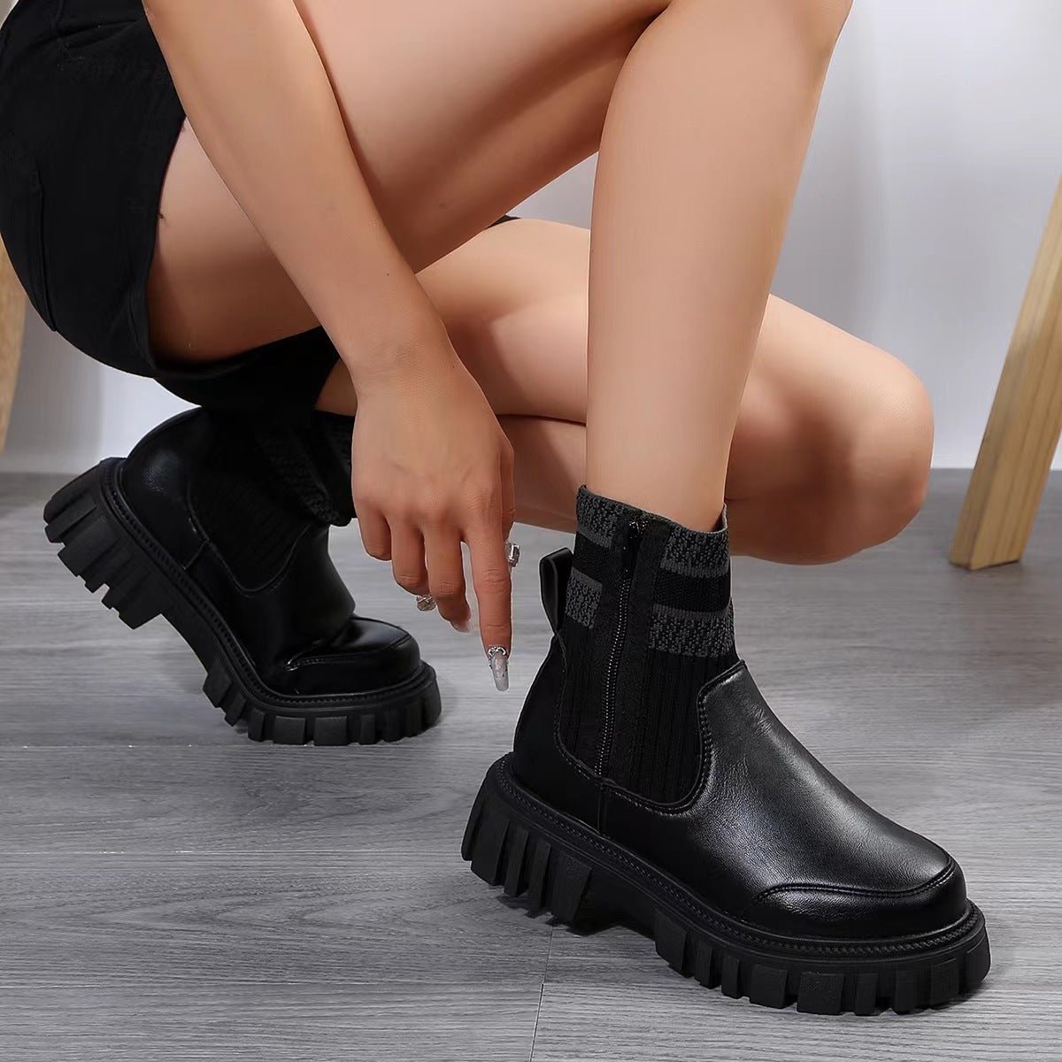 Fashion Mid - tube Boots With Zipper Design Non - slip Thick Sole Elastic Knitted Patchwork Boots For Women Round Toe Shoes Winter - tout pour vous, Madame!