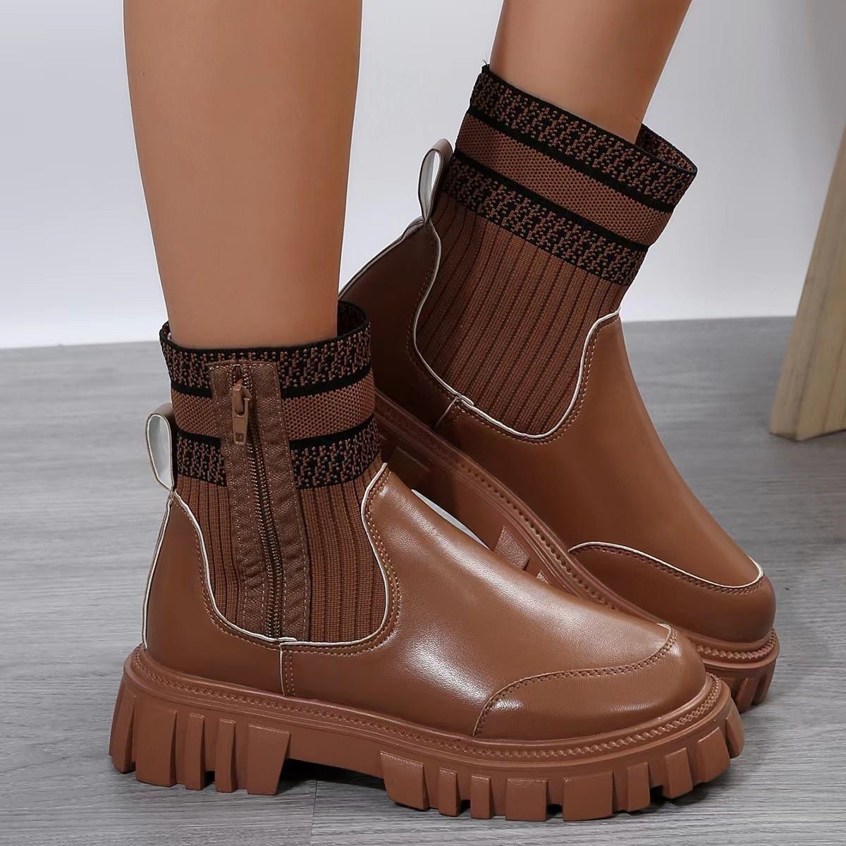 Fashion Mid - tube Boots With Zipper Design Non - slip Thick Sole Elastic Knitted Patchwork Boots For Women Round Toe Shoes Winter - tout pour vous, Madame!